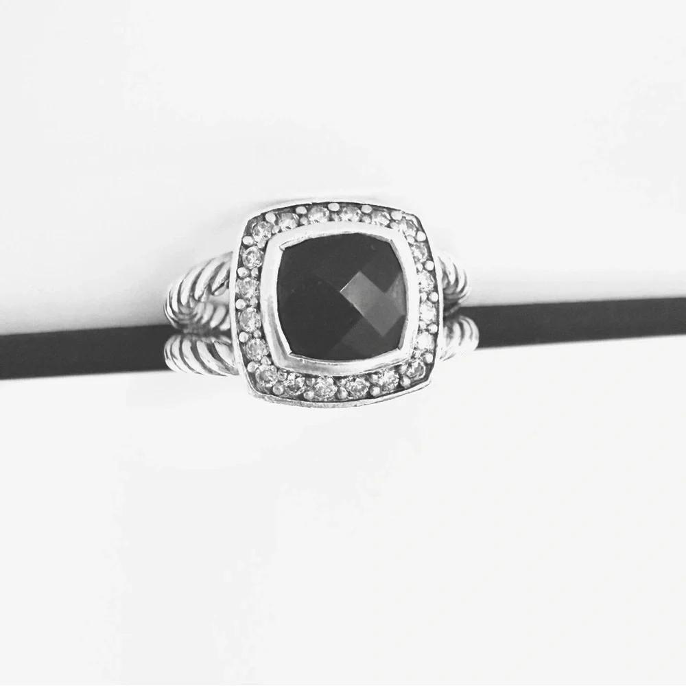 David Yurman Petite Albion Black Onyx/Diamond 925 Silver Ring 7mm stone sz 5.5-6 - Picture 5 of 5